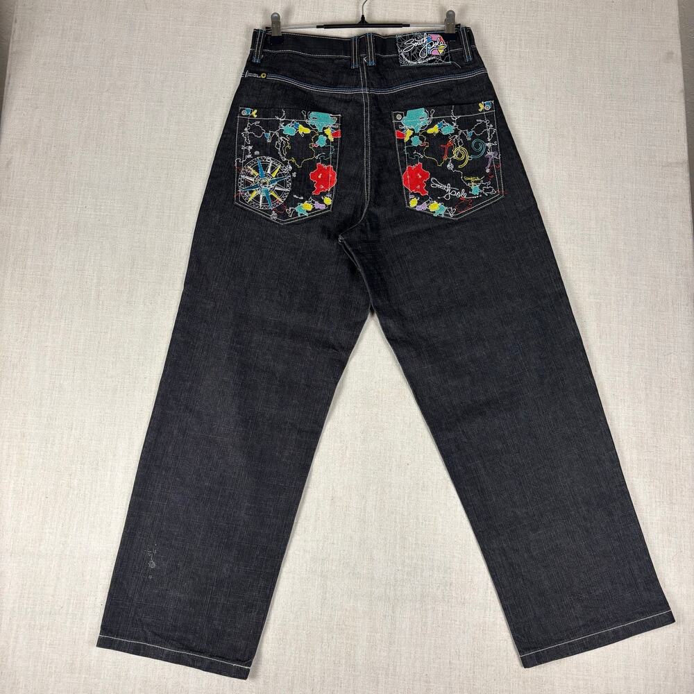 Southpole Y2K Baggy Skater Map Embroidered Sz 32 Denim Jeans - Picture 2 of 14